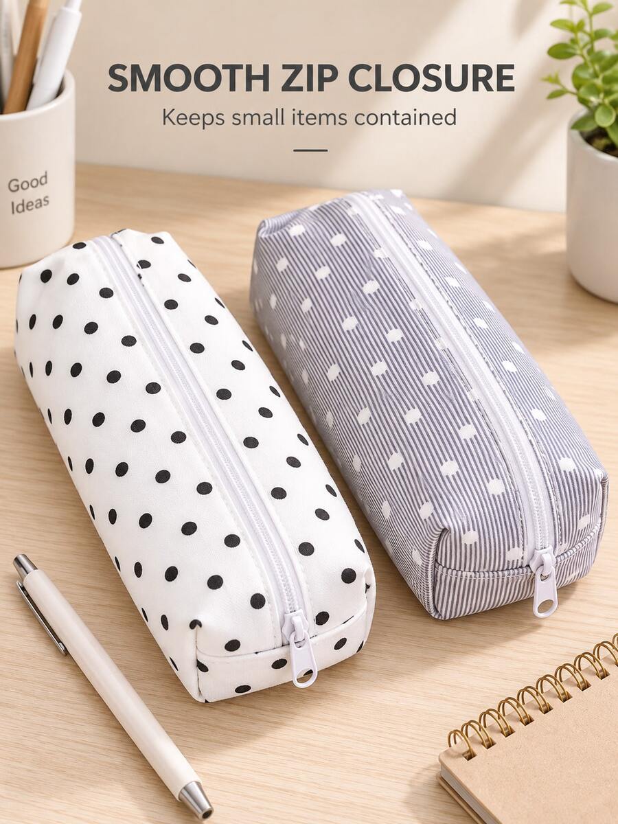 1pc Large Capacity Polka Dot Stationery Bag & Makeup Pouch: Korean Style Pencil Case | Minimalist Portable Women's Design, Suitable For Desk Storage & Home Decor, Multi-Functional Storage Solution For School, Office, Travel - 1 Pc Beige - View 1