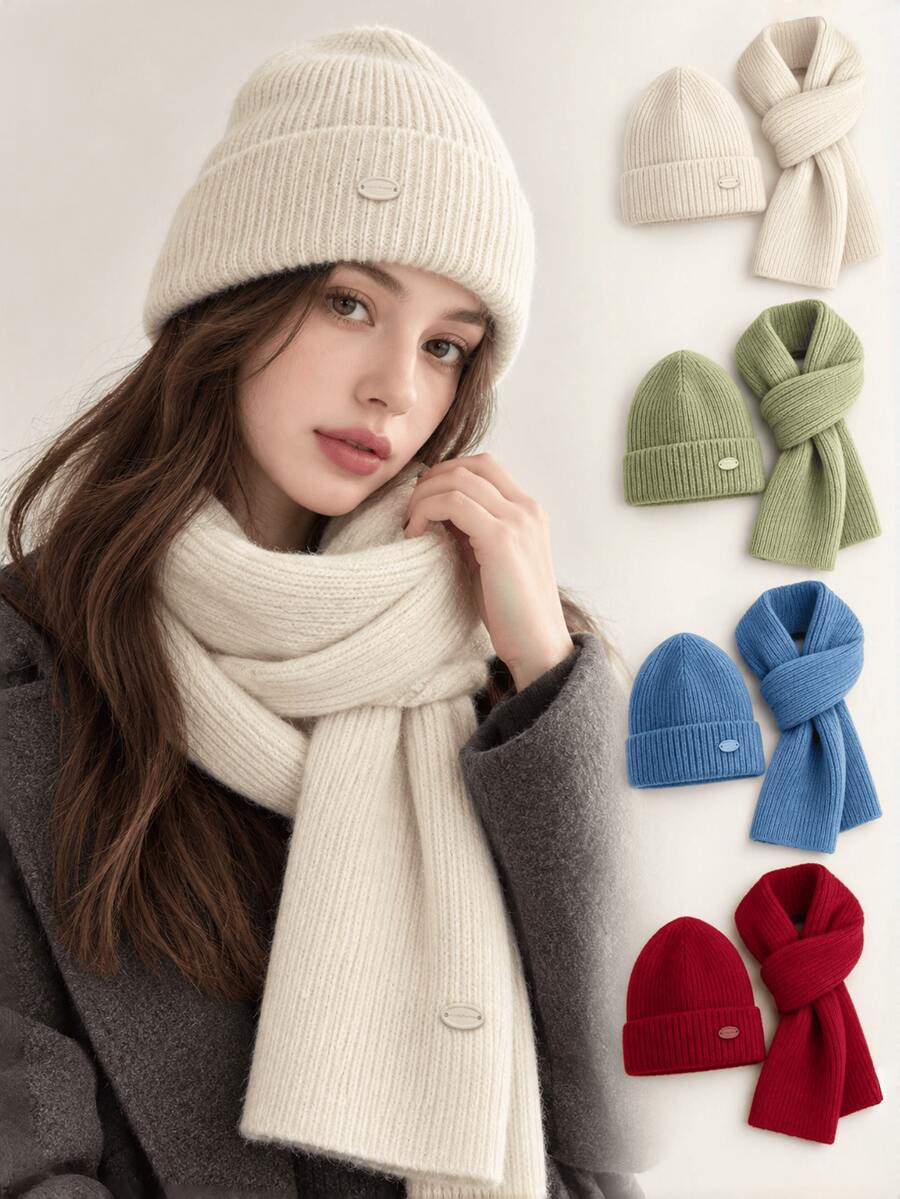Women's Autumn/Winter Solid Color Knit Hat & Scarf 2pcs Set, Simple Versatile Face-Slimming Warm Beanie Set - Multicolor - View 1