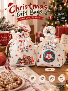 Christmas Drawstring Gift Bag, Santa Snowman Gingerbread House Printed Candy Treat Pouch With Satin Bow Tie, Xmas Holiday Present Wrapping Bag For Christmas Party Gift Giving, Multiple Patterns - Multicolor - View 1