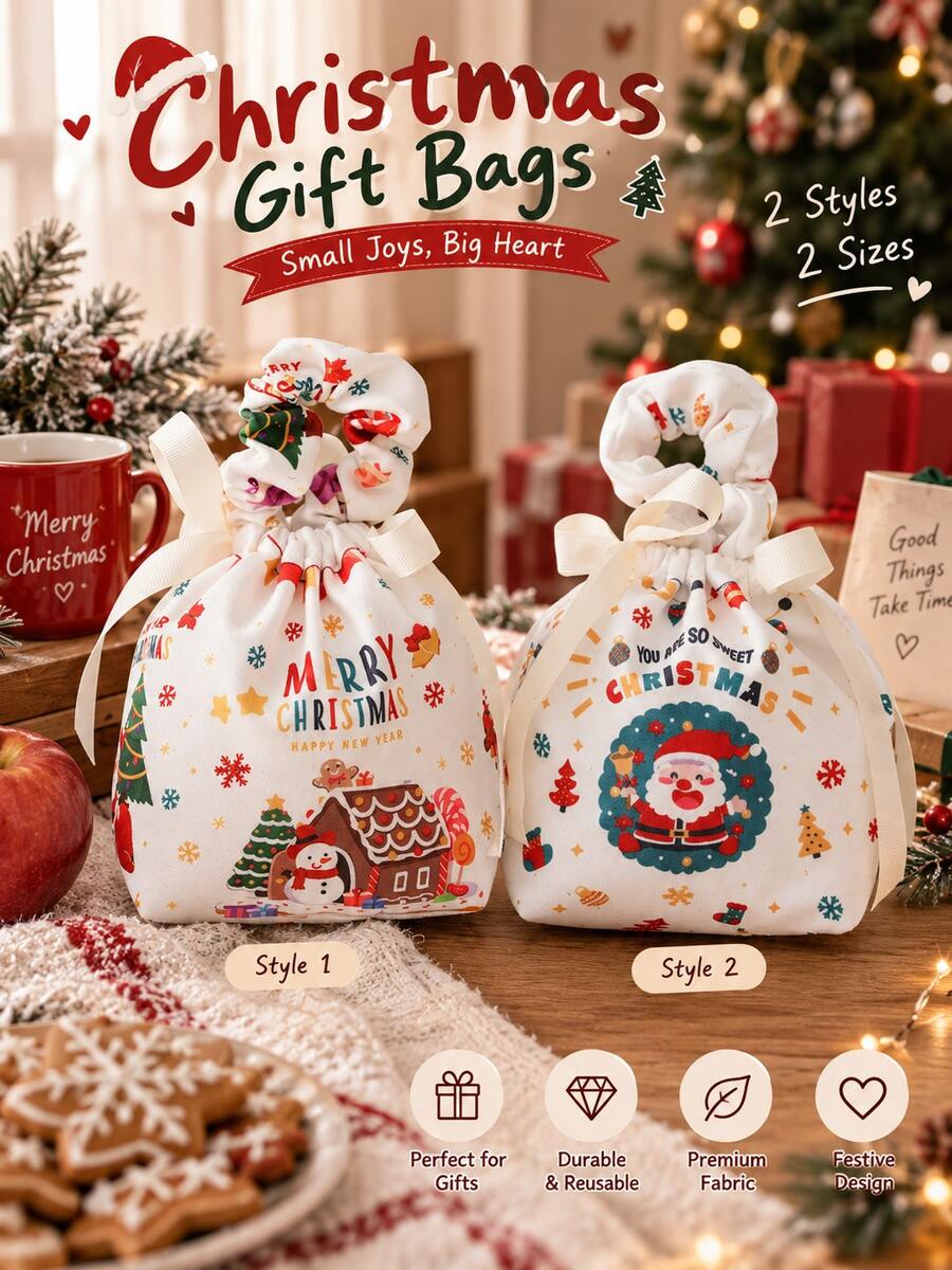 Christmas Drawstring Gift Bag, Santa Snowman Gingerbread House Printed Candy Treat Pouch With Satin Bow Tie, Xmas Holiday Present Wrapping Bag For Christmas Party Gift Giving, Multiple Patterns - Multicolor - View 1