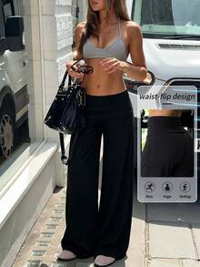 Women's Y2K Folded Waist Low-Rise Flare Pants, Elastic Soft Solid Color Bootcut Long Pants, Casual Home Streetwear Bottoms - Black - View 5