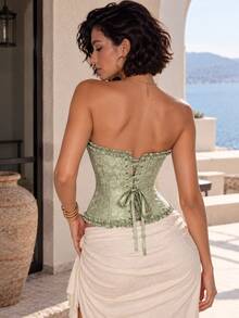 New Mint Green Women's Bandeau Top, Ruffle Trim Fitted Bustier, Suitable For Holiday Parties, Daily Wear, Etc. - Mint Green - View 3
