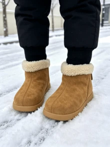 Kids Faux Suede Short Winter Boots, Fuzzy Fleece Cuff Lined Warm Snow Boots, Soft Flat Sole, For Autumn Winter Daily, Outdoor & School Wear - Camel - View 10