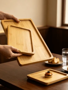 1/2pcs Rectangular Bamboo Wood Tray, Reusable. Can Hold Sushi, Fruit, Snacks, Desserts, Sweets, Both As A Serving Tray And Table Decoration. Suitable For Family Gatherings, Themed Parties, Christmas, Halloween And Other Festivals, Kitchen Storage, Home Decor, Multi-Functional, Practical And Photogenic. - View 12