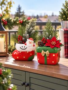Christmas Resin Figurine Planter, Cute Santa & Tree Shape Decor Pot With Artificial Pine, Tabletop Holiday Centerpiece For Home Mantel, Window, Balcony, Xmas Party Decor & Festive Gift For Family Friends - A - View 9