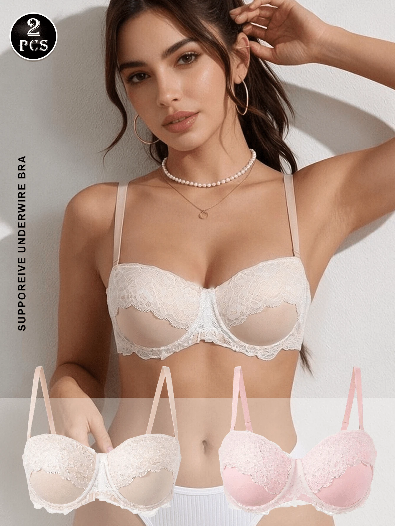 2pcs/Set Women's Lace Floral Padded Balconette Strapless Bra - Multicolor - View 1