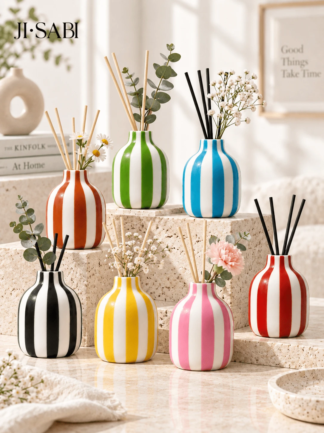 1PC Candy Color Vertical Striped Mini Vase, 7 Colors Glossy Bulb Shape Reed Diffuser Bottle, Dual Purpose Tabletop Decor For Dried Flowers, Bedroom Bathroom Home Decor, Oil & Reed Sticks Not Included - Striped Aroma Bottle - View 1