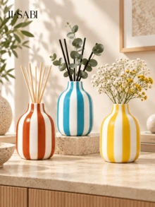 1PC Candy Color Vertical Striped Mini Vase, 7 Colors Glossy Bulb Shape Reed Diffuser Bottle, Dual Purpose Tabletop Decor For Dried Flowers, Bedroom Bathroom Home Decor, Oil & Reed Sticks Not Included - Striped Aroma Bottle - View 5