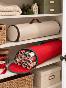 1pc Large Capacity Christmas Wrapping Paper Storage Bag, Zipper & Handle Design, Red Cylindrical Oxford Fabric Underbed Storage Box, Space-Saving Durable Holiday Gift Wrap Organizer, Suitable For Christmas Party, Home Bedroom Closet Decor Items - Red - View 9