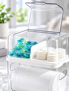 Stackable Clear Plastic Storage Organizer Bin With Handle, Transparent Desktop Countertop Storage Box, Household Multi-Purpose Container For Sundry Items, Cosmetics, Garbage Bag Storage - Clear - View 7