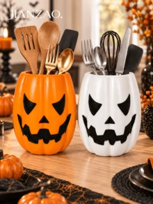 1pc Halloween Jack-O'-Lantern Utensil Holder, Pumpkin Face Kitchen Counter Storage Crock, 2 Colors Orange & White, Decorative Cutlery Container For Countertop, Fall Harvest Kitchen Decor - Multicolor - View 8