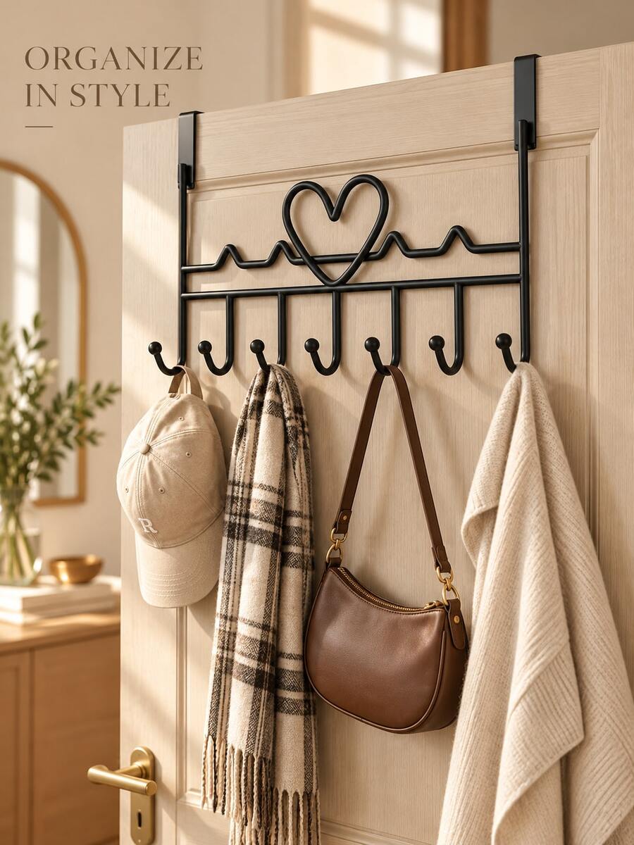 No-Drill Over-The-Door Hanging Storage Rack, Multi-Functional Iron Coat Rack, 7-Hook Door Back Coat & Hat Hook Towel Rack, Suitable For Bedroom, Bathroom, Kitchen Clothing, Hats, Bags, Scarves Storage - Multicolor - View 1