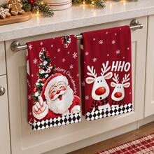 2 buah Handuk Dapur Motif Natal, Santa Claus, Rusa Kutub, Kepingan Salju, Pohon Natal, Desain Teks, Handuk Tangan Merah untuk Liburan, Handuk Dekorasi Rumah Dapur Musim Dingin, Dekorasi Pesta Natal, Hadiah Liburan untuk Memanggang dan Membersihkan - MultiWarna - View 4
