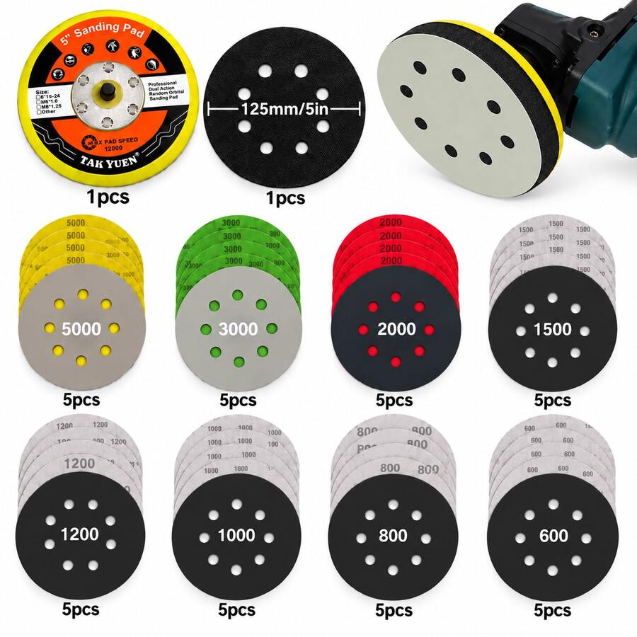 42pcs 5 Inch 8-Hole Car Scratch Repair Polishing Set, 40pcs 600-5000 Grit Hook & Loop Wet/Dry Sanding Discs, 1 Backing Pad + 1 Foam Interface Pad, Dust-Free & Anti-Clogging, Suitable For Car Paint, Glass, Metal, Resin, Wood Polishing - Black - View 1