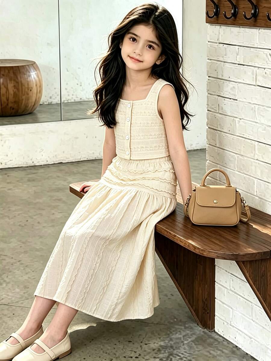 Left Mama Elegant Floral Trim Camisole & Skirt Set For Tween GirlsSuitable For Beach, Vacation And Daily Wear, Summer - Apricot - View 1