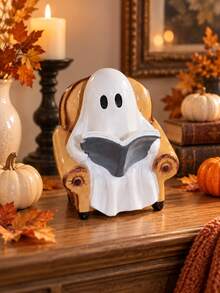 1pc Reading Ghost Figurine, Cute Ghost Sitting In Armchair With Book, Halloween Tabletop Decoration, Soft Spooky Fall Home Decor, Bookshelf Desk Mantel Ornament, Autumn Seasonal Decorative Statue - 1PC - View 8