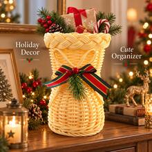 2pcs [A Boot Basket+A Bow]Handmade Rattan Christmas Boots Ornaments With Red Bows, Multifunctional Rattan Boots Modeling Desktop Christmas Decorations, Holiday Candy Baskets And Gift Baskets, Christmas Decorations And Holiday Gifts. - Multicolor - View 8