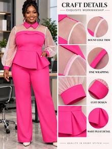 Plus Size 2 Pieces Outfit Lapel Collar Sheer Mesh Puff Long Sleeve Peplum Top And High Waist Wide Leg Pants Business Church Office Work Fall Suit - Hot Pink - View 8