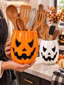1pc Halloween Pumpkin Face Utensil Holder, 2 Colors Jack-O'-Lantern Kitchen Counter Storage Crock, Decorative Cutlery Container For Kitchen Countertop, Halloween Fall Home Decor, Utensils Not Included - Multicolor - View 5