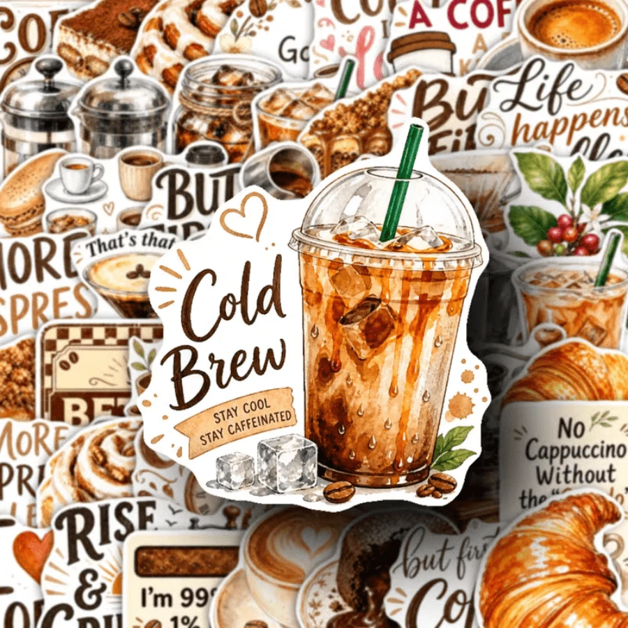 50pcs Positive Coffee Style Stickers Dedicated Deck Card Games Games & Accessories, Perfect For Laptops Water Bottles Notebooks, Bring Warm And Cheerful Mood, Ideal For Daily Use, Coffee Shop Decor And Gift - 50pcs - View 1