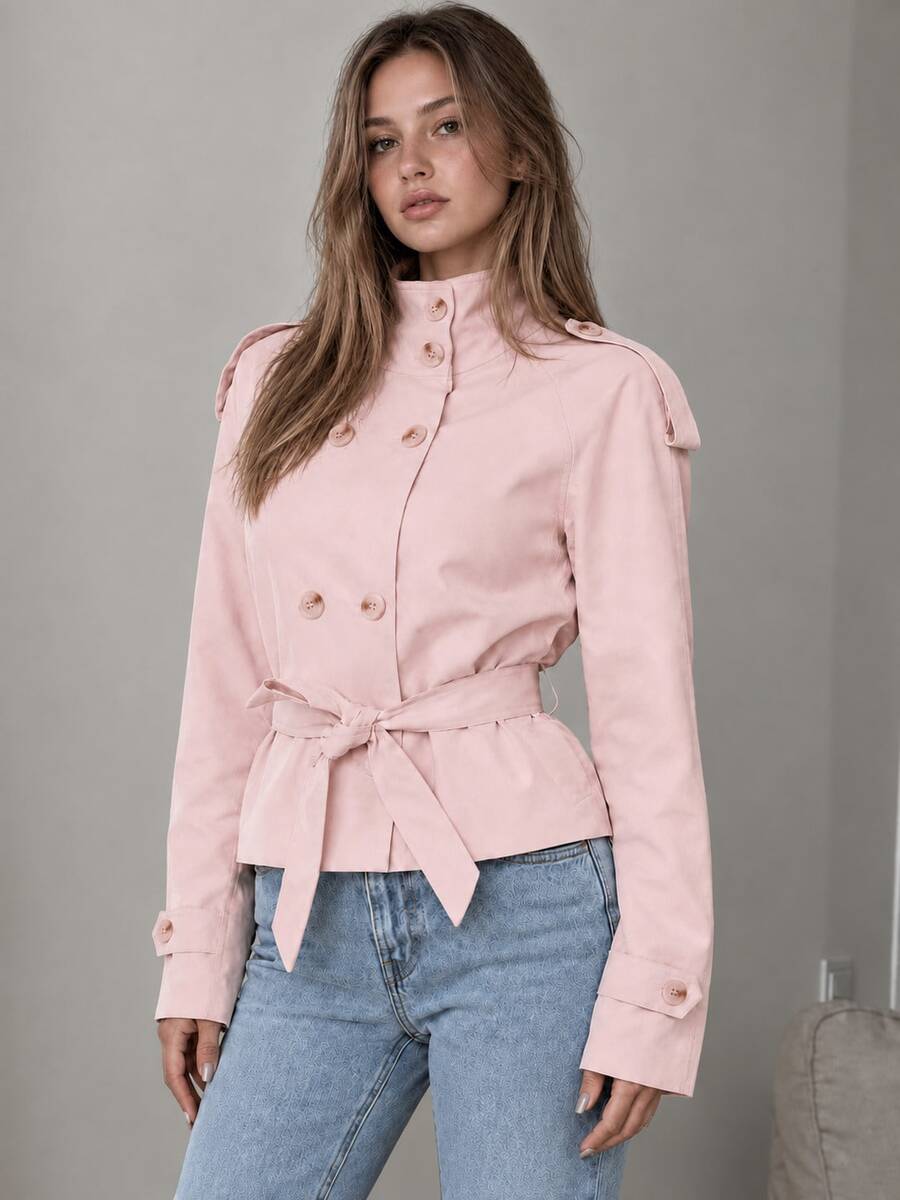 Women's Short Trench Coat, Double-Breasted With Tie Belt And Epaulettes, Suitable For Daily Commute And Vacation - Pink - View 1