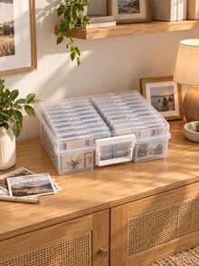 Transparent Photo Storage Organizer Box With Handle, Portable Compartment Photo Storage Box, Home Organization Use - Transparent - View 2