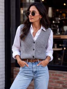 Rompi Sweater Wanita Abu-abu Gaya Preppy Musim Gugur/Musim Dingin, Atasan Rajut Bergaris Kasual Leher V dengan Kancing Depan untuk Kampus, Pakaian Sehari-hari & Acara Akhir Pekan - Grey - View 2