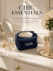 Dior Navy Blue Jacquard Handheld Cosmetic Bag, Vintage Dark Pattern Woven Fabric Tote Storage Bag, Large Capacity Toiletry Bag, Portable Makeup Organizer - Navy Blue - View 2