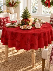 1pc Red Floral Christmas Tablecloth, Elegant Polyester Round Or Square Table Cover With Tonal Botanical Pattern, Soft Washable Dining Table Decor For Christmas Dinner, Holiday Party, Winter Home, Kitchen & Dining Room - Multicolor - View 3