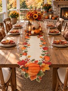1pc-Thanksgiving Harvest Table Runner, Fall Pumpkin Maple Leaves Cutout Table Runner, Rustic Farmhouse Autumn Table Decor, Seasonal Tabletop Centerpiece For Dining Room Kitchen Party Holiday Home Decor - Multicolor - View 3