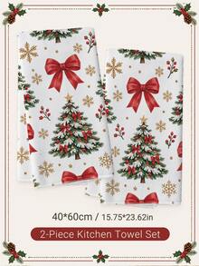 2PCS Kitchen Towels, Christmas Bow & Christmas Tree Seamless Pattern Kitchen Towels, Watercolor Style 40*60cm Rectangular Soft Microfiber Cleaning Towels, Perfect For Kitchen, Dining Room And Bathroom Use, Christmas Kitchen Decor, Home Decor, Neighbor Housewarming Gift, Dishcloth - Multicolor - View 3
