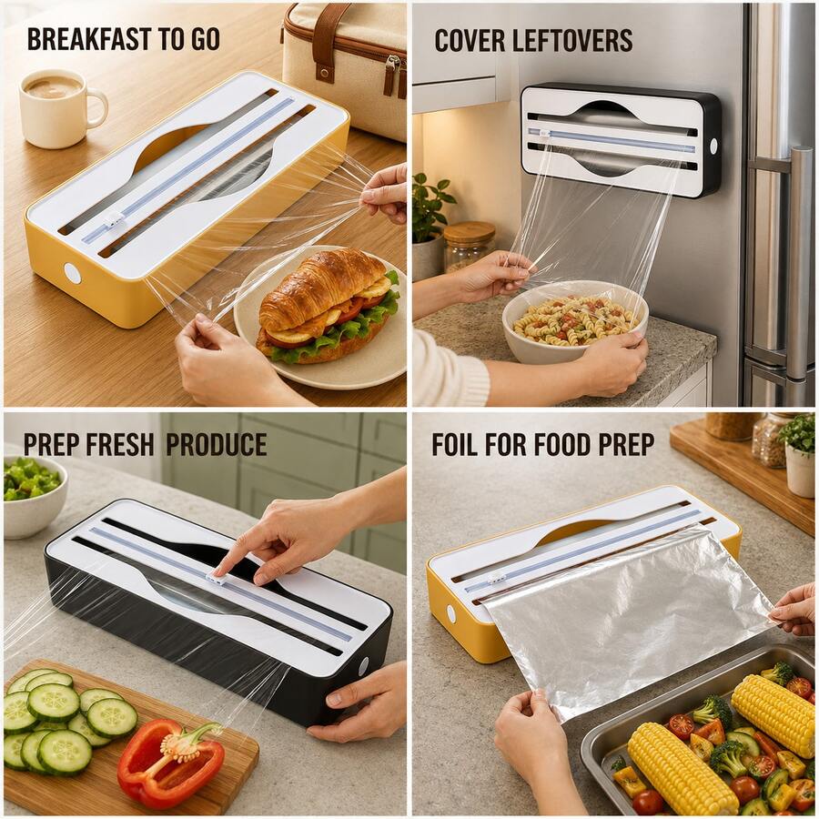 Space-Saving Plastic Wrap Dispenser With Hidden Sliding Cutter, Stable Suction Cup, Strong Magnetic Back And Reusable Hook And Loop, Suitable For Kitchen Wall, Refrigerator And Countertop For Plastic Wrap, Aluminum Foil, Parchment Paper And Wax Paper Rolls