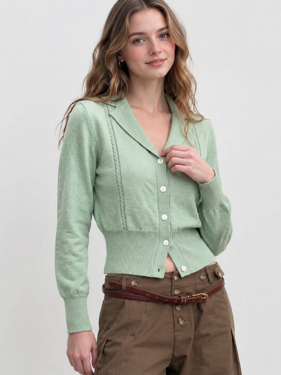 Women's Autumn Simple Casual Vintage Style Lapel Cardigan Knit Sweater Top Fall - Light Green - View 1