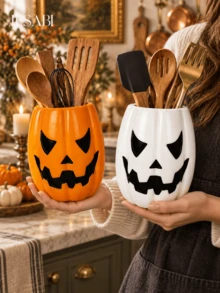 1pc/2pcs Halloween Jack-O'-Lantern Utensil Holder, Pumpkin Face Kitchen Counter Storage Crock, Orange & White 2 Colors, Spooky Tabletop Cutlery Container, Fall Harvest Kitchen Home Decor, Utensils Not Included - Pumpkin Storage - View 5
