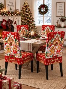 1pc Red Sweet Christmas Chair Slipcover, Cute Gingerbread Boy Girl Candy Cane Lollipop Snowflake Pattern, Stretch Spandex Parsons High Back Chair Cover, Washable Removable Protector For Dining Room Kitchen Xmas Decor - Multicolor - View 3
