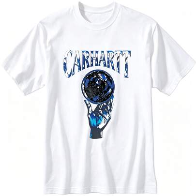 Carhartt Hand Hold Globe Graphic T-Shirt, Men Vintage Streetwear Short Sleeve Tee, Black & White 2 Colors