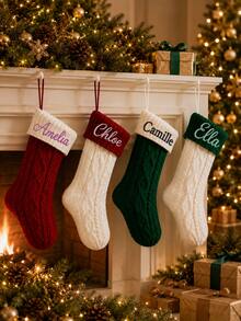1pc Custom Embroidered Color Block Christmas Stocking, Knitted Xmas Hanging Sock With Personalized Text, 4 Color Options, Fireplace Mantel Home Decor, Unique Holiday Gift For Household Members, Seasonal Wall Hanging Ornament - Multicolor - View 8
