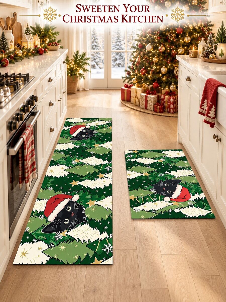 1/2pcs Christmas Vintage Diatomaceous Earth Mat, Black Cat & Christmas Tree Pattern, Super Absorbent, Non-Slip, Perfect For Bathroom, Kitchen And Dining Room, Quick Dry, Ideal Home Decor And Bathroom Rug Gift - Multicolor - View 1