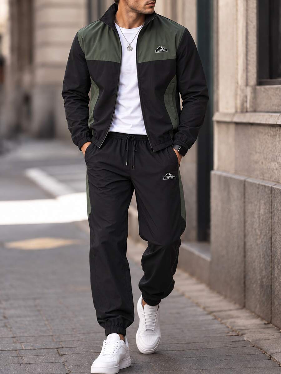 1 Set Men's Autumn Colorblock Woven 2 Pieces Set, Logo Patchwork Zipper Jacket And Joggers, Casual Sports Streetwear Style, Boyfriend Gift - Dark Green - View 1