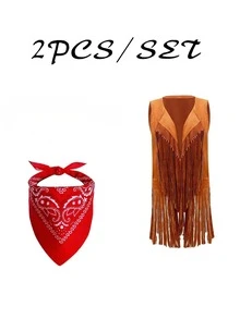 2PCS/SET Western Cowgirl Costume Set With Fringe Vest And Bandana For Summer Country Concert - Brown - View 5