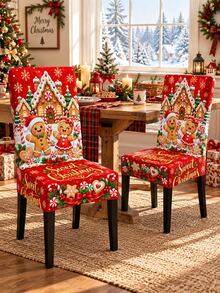 1pc Red Sweet Christmas Chair Slipcover, Cute Gingerbread Boy Girl Candy Cane Lollipop Snowflake Pattern, Stretch Spandex Parsons High Back Chair Cover, Washable Removable Protector For Dining Room Kitchen Xmas Decor - Multicolor - View 13
