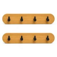 2pcs Bamboo & PP Wall-Mounted Hook Rack, Convenient Hanging Storage For Your Home. Each Rack Features 4 Black Hooks With Stopper Design To Prevent Rings And Straps From Slipping. Drill-Free Installation Allows You To Utilize Wall Space To Organize Keys, Hats, Small Towels And Lightweight Accessories; Natural Bamboo Backboard Adds A Warm Texture - View 7