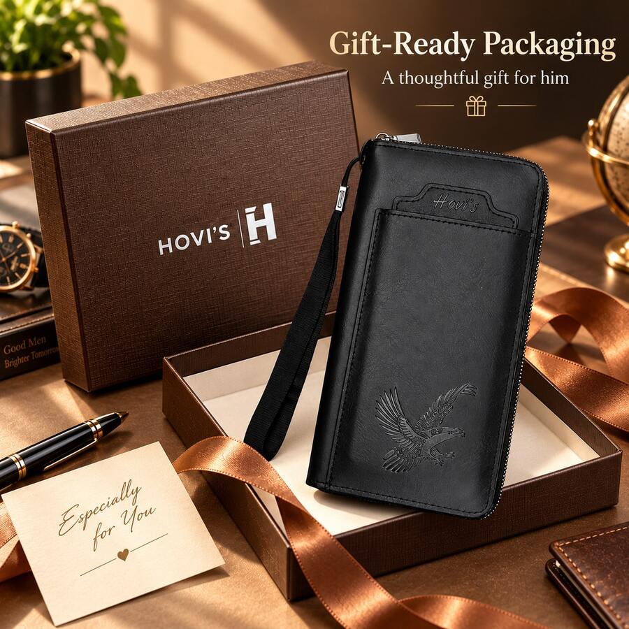 HOVI'S Men's Long Zipper Clutch Wallet With Gift Box, Purse With Hand Wrist Strap, 8 Card Slots Large Capacity Cash Pocket Phone Wallet - Multicolor - View 1