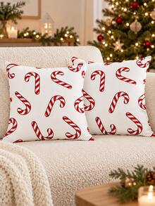 2pcs Candy Cane Christmas Pillow Cases, Red And White Holiday Throw Pillow Covers, Single-Sided Print, Pillow Insert Not Included - Multicolor - View 1