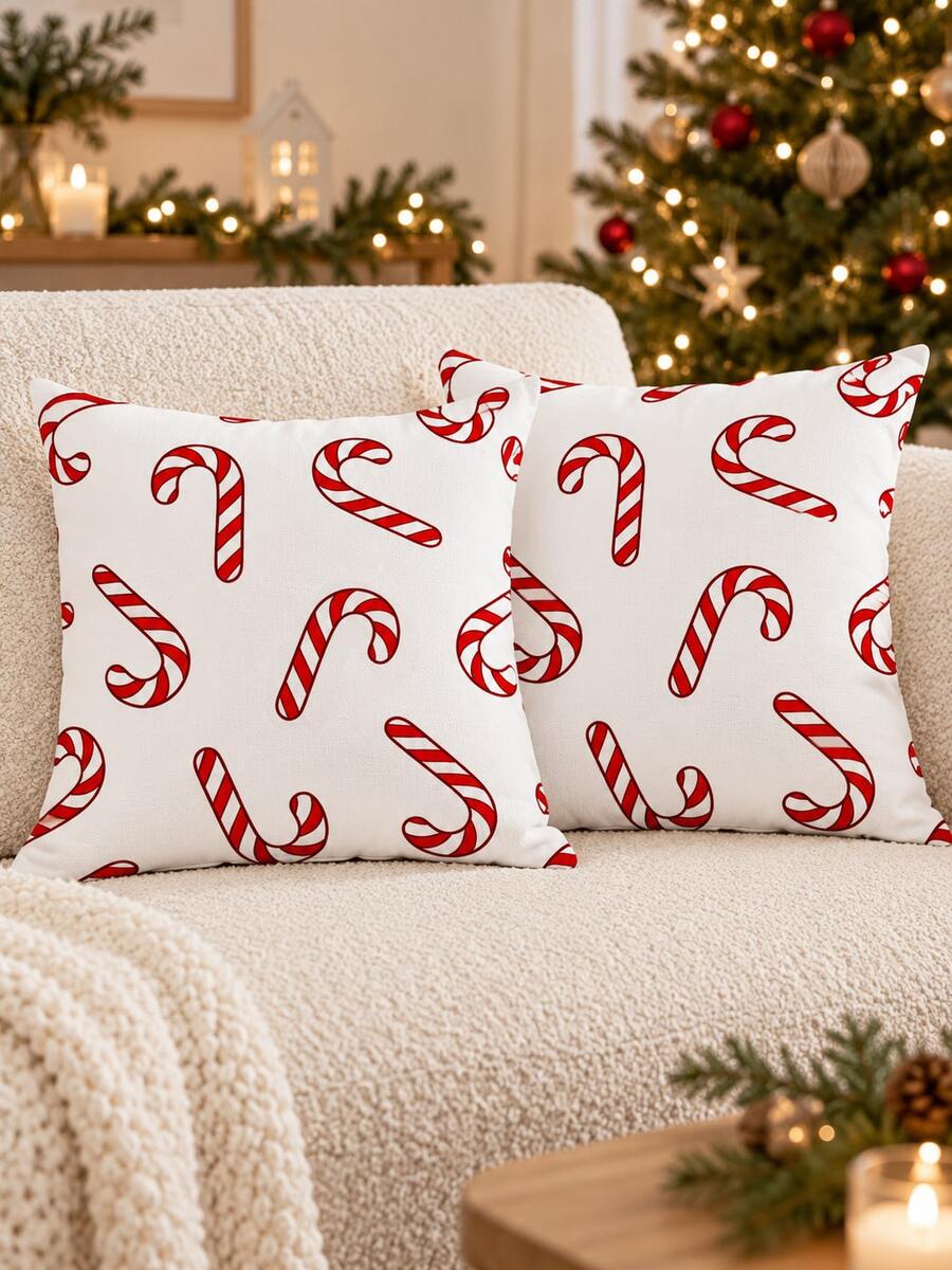 2pcs Candy Cane Christmas Pillow Cases, Red And White Holiday Throw Pillow Covers, Single-Sided Print, Pillow Insert Not Included - Multicolor - View 1