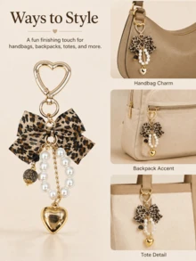 1pc Y2K Leopard Print Bow Heart Pendant Faux Pearl Keychain, Leopard Print Bow Women's Bag Charm, Leopard Print Bow Key Chain Key Ring, Fabric Ribbon Bow Pearl Beaded Heart Tassel Key Chain, Beautiful Car Key Chain And Wallet Accessory, Backpack Hanging Chain, Wallet Charm Accessory, Bag Accessory, Christmas Gift - Multicolor - View 3