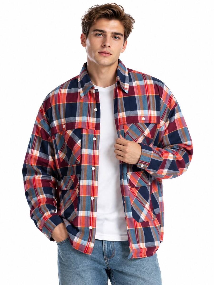 Timberland 新款男士戶外運動休閒翻領寬鬆條紋拼色長袖襯衫 - 紅色/藍橙色 - 查看 1