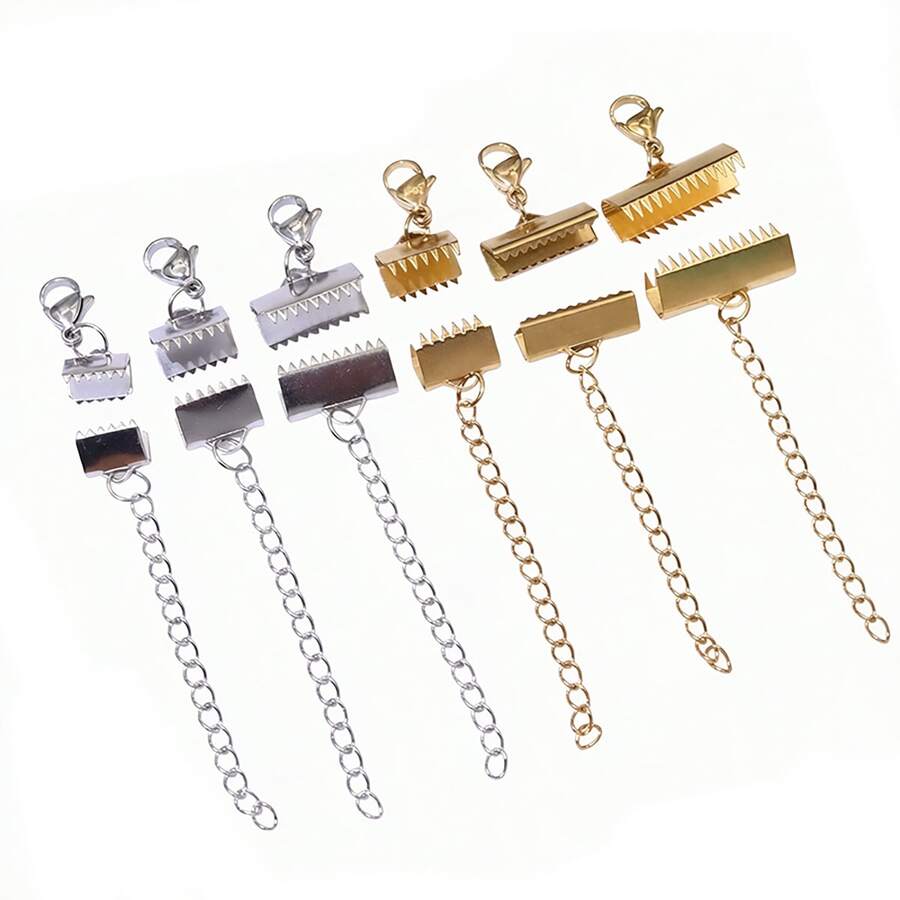 4pcs Stainless Steel Ribbon Leather Cord End Fastener Clasps With Chains Lobster Clasps Connectors For Bracelet Diy Making - Steel - View 1