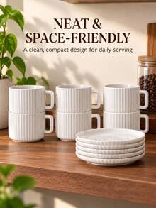 1/6 Sets Optional, Minimalist White Ceramic Coffee Cup & Saucer Set, Nordic Style Striped Latte Espresso Tea Cups, Square Handle Coffee Mug, Home Cafe Afternoon Tea Tableware - Multicolor - View 5