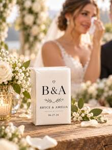 Customizable Couple Name Happy Tears Wedding Tissues, Elegant Minimalist White Mini Pocket Tissue Box, Personalized Wedding Date Printed Travel Pack Tissues, Bulk Wedding Guest Favors Table Decor Keepsake Gifts - Multicolor - View 3